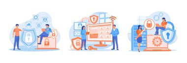 İnsanlar elektronik cihazlardan güvenlik hizmetlerine erişiyor. Veri gizliliğini koruyun ve koruyun. Kadın dosyaları sunucuya kaydediyor. Düz vektör resimlemesini ayarla.