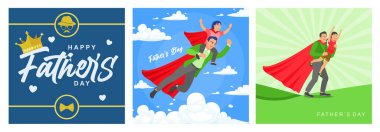 Babalar günü kutlaması. Baba oğul süper kahraman kostümleri giyiyorlar. Baba çocuklarıyla oynuyor. Babalar Günü konsepti. Düz vektör resimlemesini ayarla.