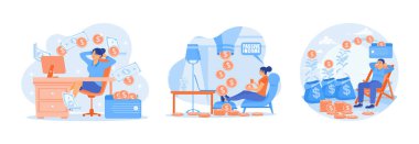 İnsanlar internette çalışıyor. Evde çalışan bir kadın. Çevrimiçi gelir yaratmak. Pasif gelir kavramı. Düz vektör resimlemesini ayarla.