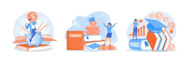 İnsanlar kumbaralarda para biriktiriyor. Genç bir kadın eğitime yatırım yapıyor. Kişisel mali durumları yönetiyorum. Finansal eğitim kavramı. Düz vektör resimlemesini ayarla.