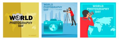 Dünya fotoğrafçılık günü, 19 Ağustos. Kadın fotoğrafçı fotoğraf çekiyor. Kameranın yanında dur. Dünya Fotoğraf Günü konsepti. Düz vektör resimlemesini ayarla.