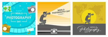 19 Ağustos Dünya Fotoğraf Günü 'nü kutluyoruz. Bir fotoğrafçı fotoğraf çekiyor. Dünya Fotoğraf Günü kutlaması, dünya haritası geçmişi ile. Dünya Fotoğraf Günü konsepti. Düz vektör resimlemesini ayarla.
