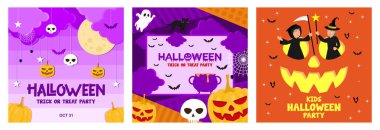 Mor bir arka planda kabaklar ve kafatasları. Gece bulutları çerçeveli cadılar bayramı partisi. Cadılar Bayramı çocukları partisi. Cadılar Bayramı Partisi Konsepti. Düz vektör resimlemesini ayarla.