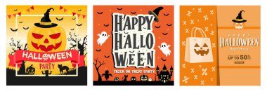 Korkunç ve gülümseyen balkabaklarıyla Cadılar Bayramı partisi. Eski ev, hayaletler, uçan kediler ve yarasalar. Cadılar Bayramı partisinde satış promosyonu. Cadılar Bayramı Partisi Konsepti. Düz vektör resimlemesini ayarla.