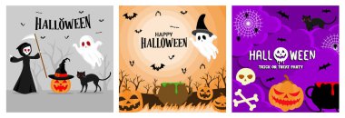 Korkunç Cadılar Bayramı karakteri. Uçan hayaletler, balkabakları ve yarasalar. Şeker ya da şaka partisi. Cadılar Bayramı konsepti Düz vektör resimlemesini ayarla.