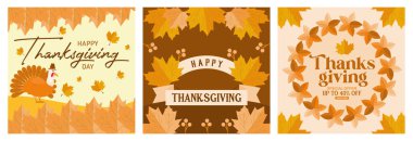 Şükran Günü kutlaması. Mutlu Şükran Günleri yazan kurdele. Sonbahar yaprakları arka plan. Şükran Günü konsepti Düz vektör resimlemesini ayarla.