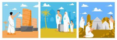 Hacca giderken gerekli adımlardan biri de budur. Müslüman aileler bavullarını taşırken ihram giysileri giyerler. Hacca giderken umre yapmak, hac vakitlerinde dinlenmek içindir. İslam Hac konsepti. Düz vektör resimlemesini ayarla.