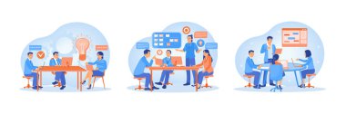 A group of employees is discussing at the table office. Exchange opinions in developing the company. Employees communicate with each other and work together. Team communication concept. Set flat vector illustration.
