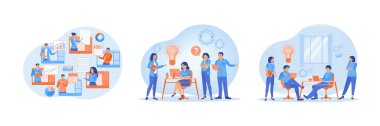 Business team discussing work projects.Businessmen and colleagues holding meeting in office. Business team planning tasks and sharing ideas. Team communication concept. Set flat vector illustration.