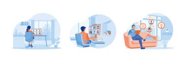 People work online. Businessman making a video call with coworkers. Man and woman discussing work online. Business communication concept. Set flat vector illustration.
