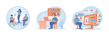 Customer support center. Virtual assistant working with a computer. Man talking to a customer. Business communication concept. Set flat vector illustration.