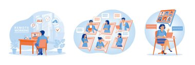 Businessman working from home. Business communication via the Internet.Businessman holding meeting via video call. Online Remote Work Concept. Set flat vector illustration.