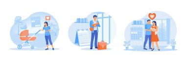 Husband and wife take time off work. Parents raise children together. Father helps wife carry the baby. Maternity and paternity leave concept. Set flat vector illustration.