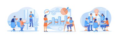 Manager holding a presentation with colleagues. Discuss business strategies to achieve targets. Brainstorm ways to improve marketing. Launching Advertising Campaign concept. Set flat vector illustration.