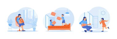 Mom took time off work. Children playing with pillows on bed. Mother and daughter playing music together. Family lifestyle activity concept. Set flat vector illustration.