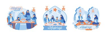 Tradition Eating ketupat with family during Eid al-Fitr. Sit and pray together at the dinner table. Muslim family celebrating Eid. Happy Eid Mubarak concept. Set flat vector illustration.