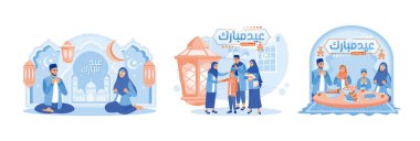 Muslim family celebrate eid al fitr.Visit and forgive each other. The tradition of eating ketupat during Eid al-Fitr. Happy Eid Mubarak concept. Set flat vector illustration.