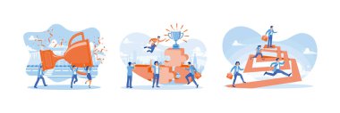 People celebrate success. Businessman flies towards the trophy on the puzzle. Process to success. Successful Business Team concept. Set flat vector illustration.