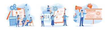 Business people calculate financial budget. The work team creates schedule work. Businessman holding a presentation in the office. Business Plan concept. Set flat vector illustration.