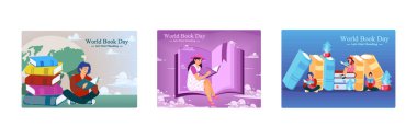 People reading book. A girl in a hat sits with the ledger as background. World Book Day. Set flat vector illustration.