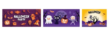 Lively party Halloween. Cute Halloween party costume. Pumpkin, cat, and ghost. Halloween concept. Set flat vector illustration.