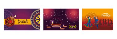 Happy Diwali celebration. Festival of lights in India.Navratri Dussehra festival in India. Diwali Festival concept. Set flat vector illustration.
