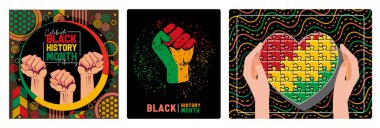 A raised fist symbolizes unity and strength. Celebrating Black History Month with bright colors. African-American History Month celebration with colorful pattern background. Set flat vector illustration.