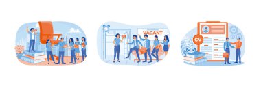 Recruitment of new employees. Candidates have a job interview. Candidates and resumes. Open vacancy concept. Set flat vector illustration.