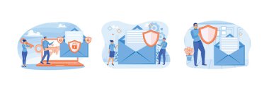 Man and woman protecting computer data from crime. Safely protect email data. Business asset security systems. Email encryption concept. Set flat vector illustration.