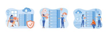 Connected data storage technology in server racks. Technicians perform maintenance in a data center. Checking the network in the server rack. Server maintenance concept. Set flat vector illustration.