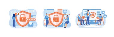 People use electronic devices. Analyze data. Protect data security and privacy on the Internet. Data protection concept. Set flat vector illustration.