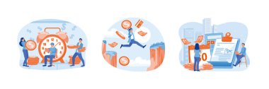 People invest money on the internet.Men receive salary payments from the company. Payday. Salary payment concept. Set flat vector illustration.