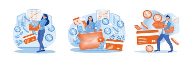 Employees receive a monthly salary. Money goes into digital wallet. Financial transactions using cards. Salary payment concept. Set flat vector illustration.