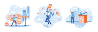 Debt burdens and entrepreneurs. Happy to be free from debt. Men have no debt. Debt-free concept. Set flat vector illustration.