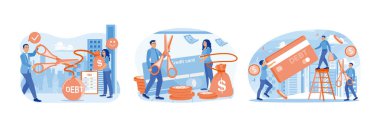People borrows money from the bank. Businessman gives loans to clients. Entrepreneur helps get out of debt. Cut debt concept. Set flat vector illustration.