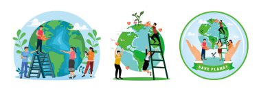Group of individuals working together to protect and nurture the Earth. Signifying teamwork towards ecological and conservation efforts to promote sustainability and a green future. Earth Day concept. Set flat vector illustration.