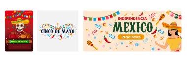 Celebration of Cinco de Mayo and Mexican Independence Day. Cultural symbols, party atmosphere and traditional Mexican motifs. Cinco de Mayo concept. Set flat vector illustration.