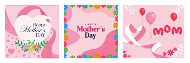 A collection of Mother's Day designs with floral and heart. Features colorful and festive elements. Mother's Day concept. Set flat vector illustration.