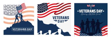 Illustrations showcasing Veterans Day tributes with patriotic designs, American flags, and soldiers. Honor military service and and remembrance for all who served. Memorial Day concept. Flat vector illustration.