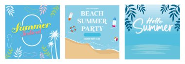 Vibrant summer themed banner. Featuring tropical elements and beach. Summer concept. Flat vector illustration.