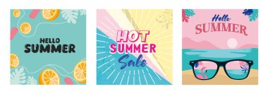 A set of vibrant summer-themed illustrations. Featuring refreshing elements and dynamic typography. Summer concept. Flat vector illustration.
