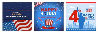 Illustration commemorating US Independence Day with flags, fireworks and patriotic elements. Suitable for festive events and national themes. Independence Day USA concept. Set flat vector illustration.