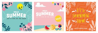 Three fun summer themed illustrations. Expresses a cheerful and carefree feel for seasonal promotions and celebrations. Summer concept. Set flat vector illustration.