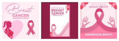 Breast cancer awareness poster with pink ribbon and text. Promote the importance of health awareness and highlight the importance of early detection during breast cancer awareness month. Set flat vector illustration.