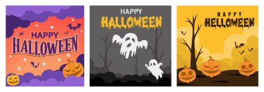 Three spooky Halloween themed illustrations. Pumpkins, bats, ghosts and an eerie atmosphere are perfect for a Halloween themed event. Halloween concept. Set flat vector illustration.