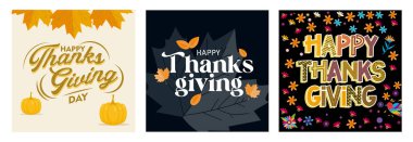 Lively Thanksgiving greetings. Featuring colorful designs, fall foliage, and seasonal elements that symbolize holiday joy and togetherness. Thanksgiving concept. Set flat vector illustration.
