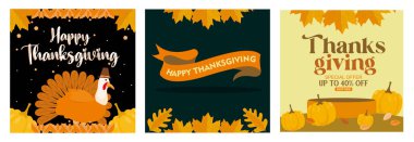 A collection of Thanksgiving themed banners with festive decorations, turkey illustrations and bright colors. Celebrate the seasonal holiday atmosphere with warmth and joy. Thanksgiving concept. Set flat vector illustration.