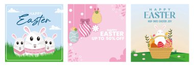Happy Easter banner with cute bunnies. Easter sale banner with colorful eggs and floral elements. Festive spring Easter celebration. Easter 2025 concept. Set flat vector illustration.