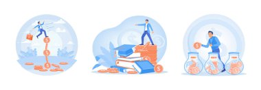 Unstable investment markets. Financial success for education. Financial planning for family, health, and travel. Investing money in self-development concept. Set flat vector illustration.