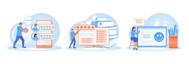 User experience concept. Customers fill out surveys, leave reviews, give five-star ratings and smile emoticons. Online Survey concept. Set flat vector illustration.